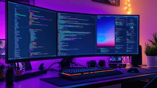computer, setup, code, screen, learning, coding, programming, data, engineering, technology, software, monitor, workspace, digital, script, tech, information, science, developer, interface, debugging, system, innovation, workflow, analytics, ai generated