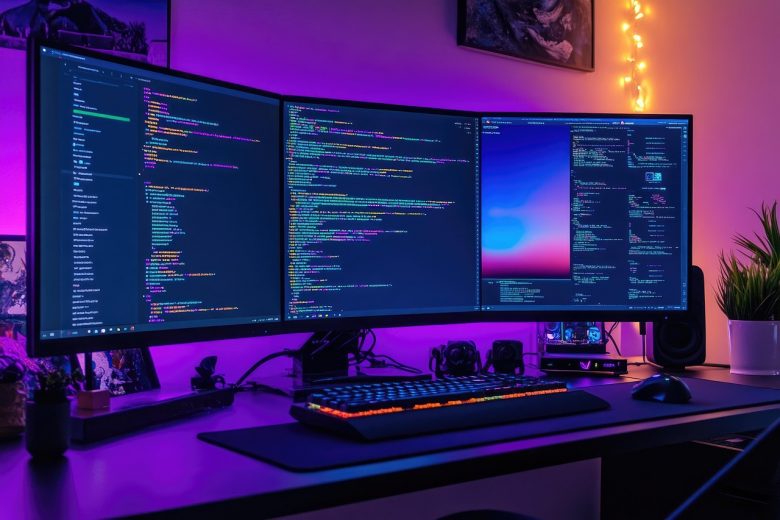 computer, setup, code, screen, learning, coding, programming, data, engineering, technology, software, monitor, workspace, digital, script, tech, information, science, developer, interface, debugging, system, innovation, workflow, analytics, ai generated